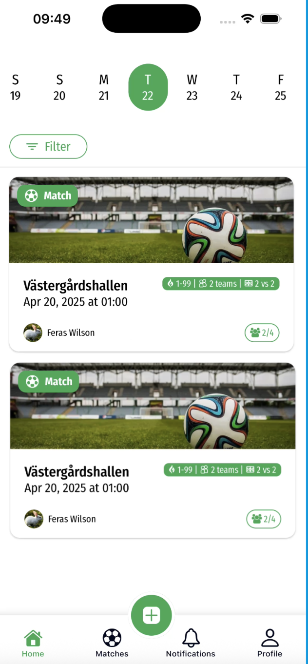 KickConnect app förhandsvisning på en mobiltelefon som visar matchlistningar